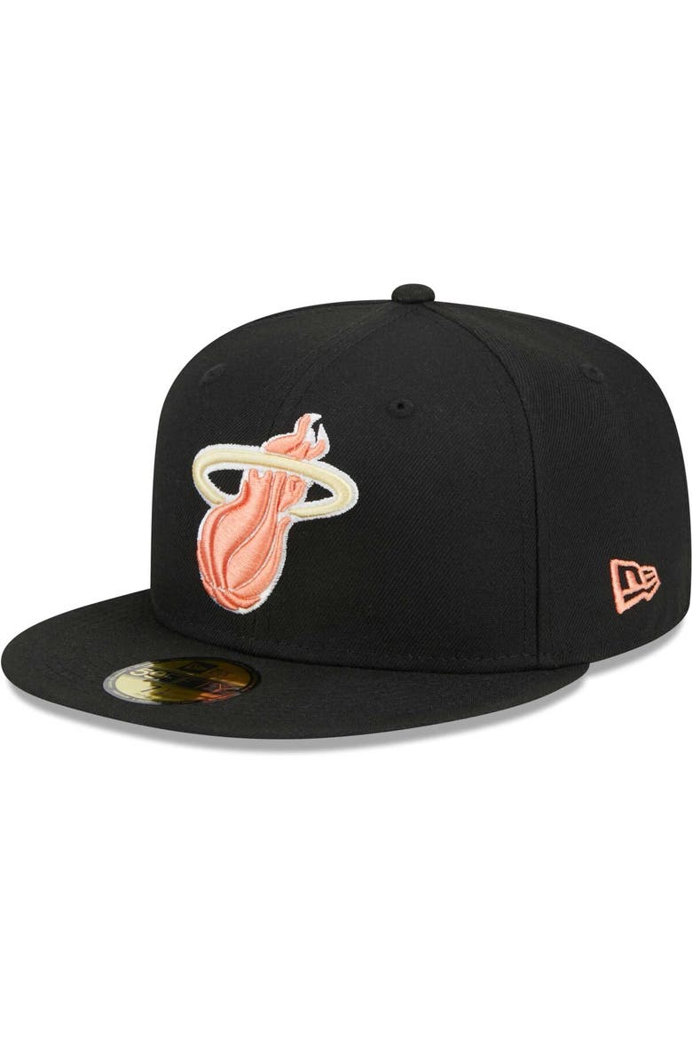 Men's New Era Black Miami Heat Floral Side 59FIFTY Fitted Hat, Alternate, color, Black