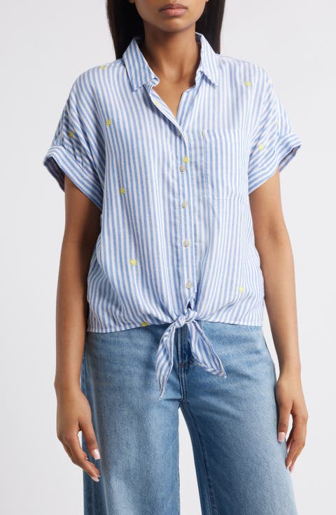 Rosie Embroidered Tie Front Short Sleeve Button-Up Shirt