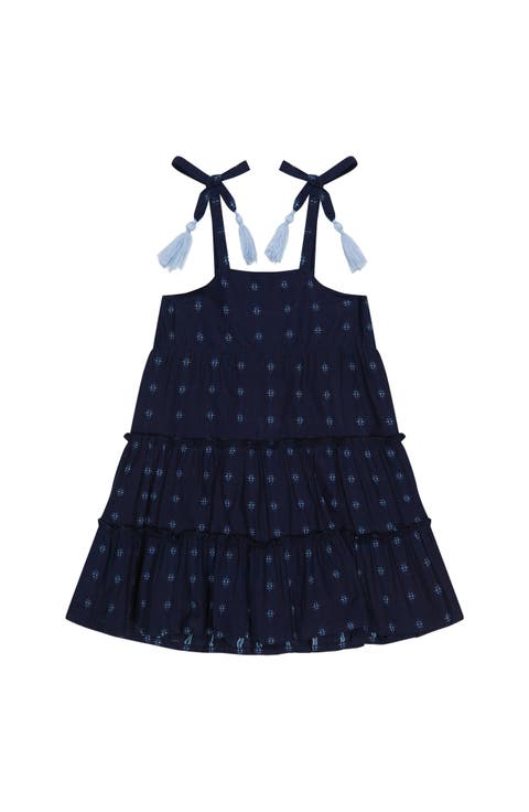 Bella Girl's Shoulder Tie Sundress Navy Turquoise Swiss Dot