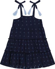 Mer St. Barth Bella Girl's Shoulder Tie Sundress Navy Turquoise Swiss Dot