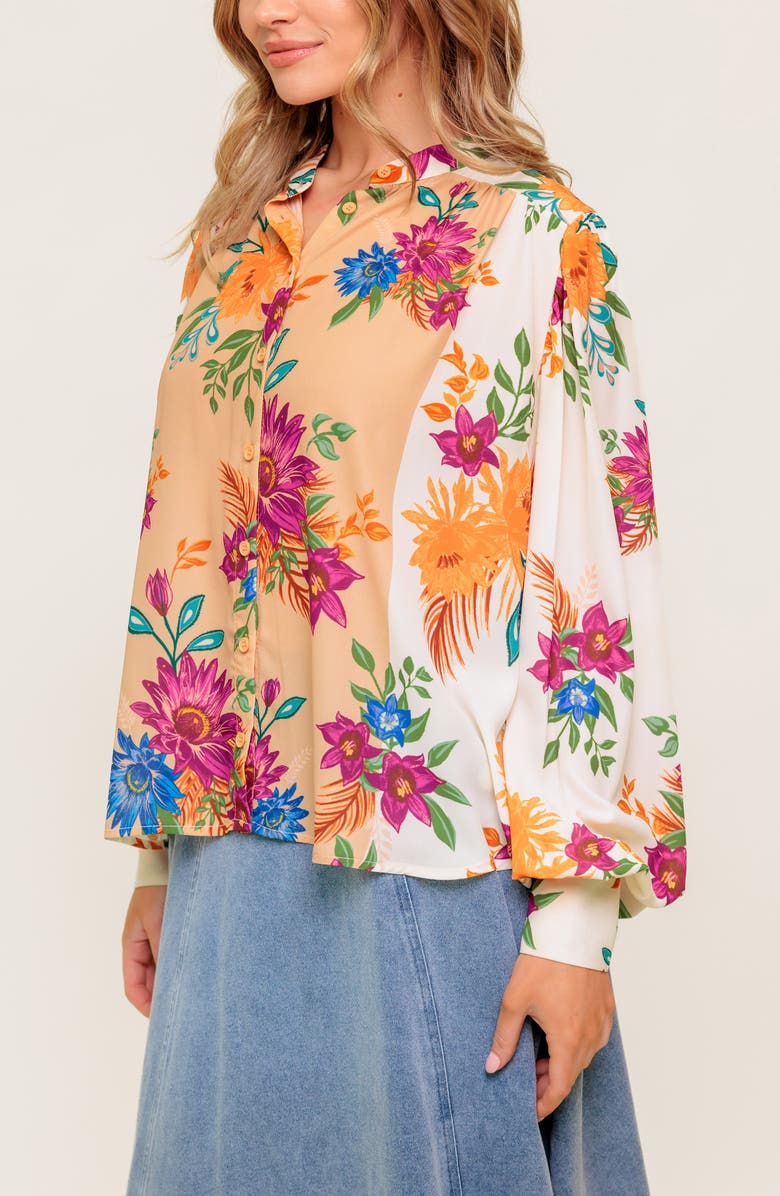 FLYING TOMATO Floral Long Sleeve Button-Up Shirt, Alternate, color, Ivory Taupe