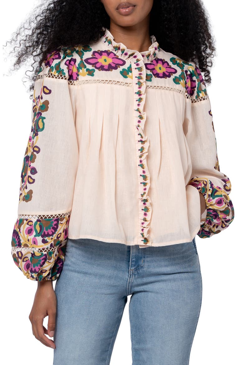 Isme Placed Floral Ruffle Placket Button-Up Shirt, Main, color, CREAM MULTI