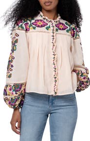 CIEBON Isme Placed Floral Ruffle Placket Button-Up Shirt