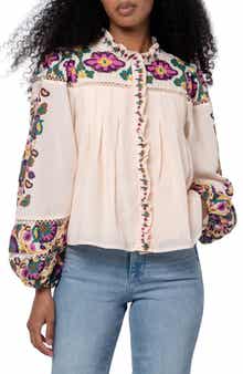 Isme Placed Floral Ruffle Placket Button-Up Shirt
