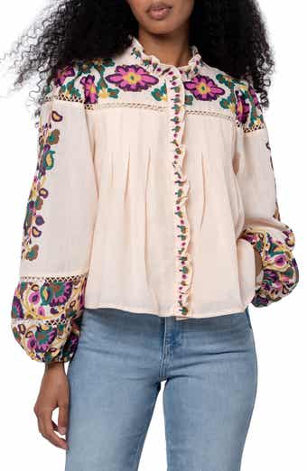 Isme Placed Floral Ruffle Placket Button-Up Shirt