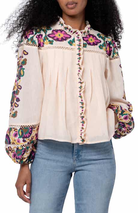 Isme Placed Floral Ruffle Placket Button-Up Shirt