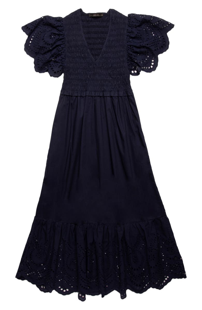 DELUC Avis Embroidered Ruffle Cotton Midi Dress, Alternate, color,