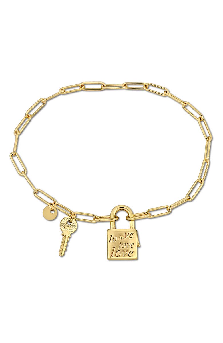 DELMAR Lock & Key Love Paperclip Link Bracelet, Main, color, Gold