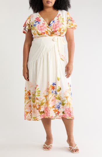 West K Flutter Sleeve Maxi Dress In Ivory/ Floral Multi