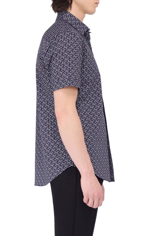 Bugatchi Miles Ooohcotton® Champagne Flute Print Short Sleeve Button-up Shirt In Black