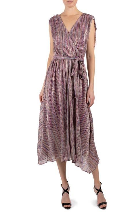 Metallic Stripe Faux Wrap Midi Dress