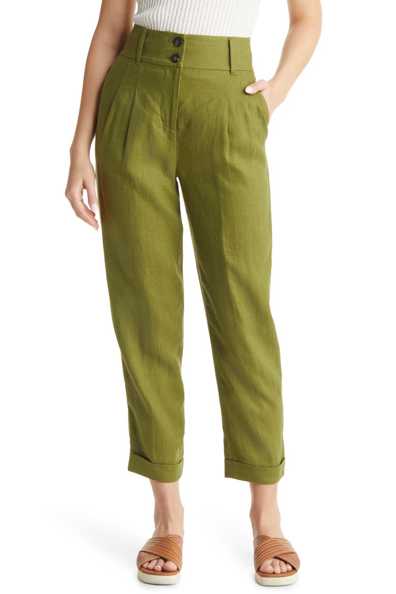 Turn-Up Cuff Linen Trousers, Main, color, PEA GREEN