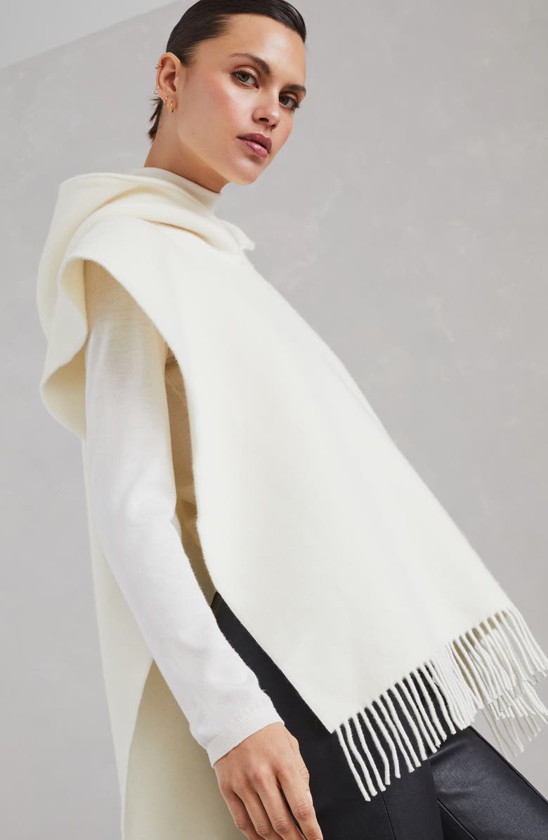 Brunello Cucinelli Wool and cashmere double knit poncho with hood and fringe, Alternate, color, 