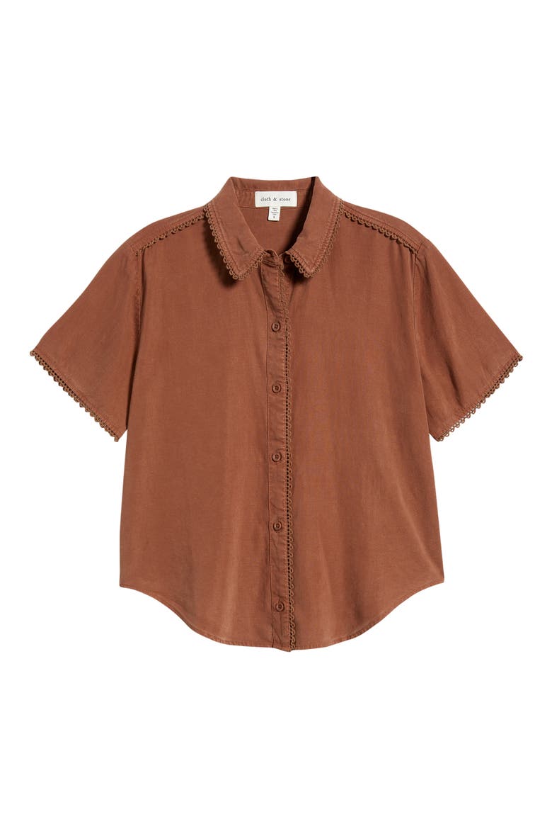 Picot Trim Short Sleeve Button-Up Shirt, Alternate, color, SUNRISE MOCHA