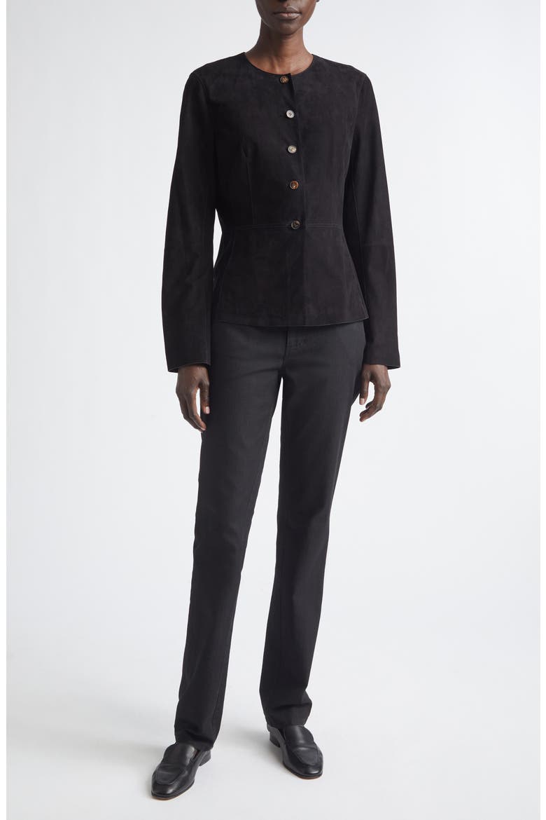 Fitted Collarless Suede Jacket, Alternate, color, BLACK