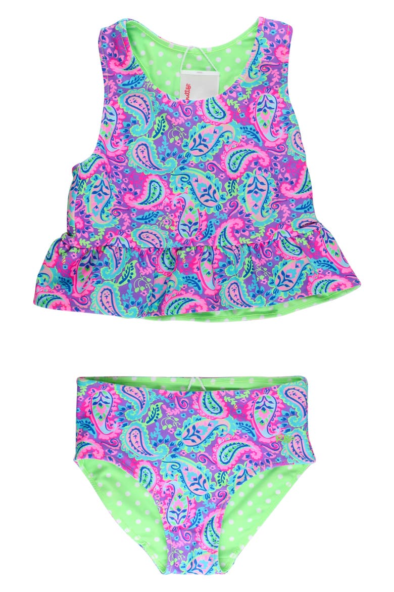 Kids' Neon Paisley Reversible Two-Piece Swimsuit, Main, color, PURPLE