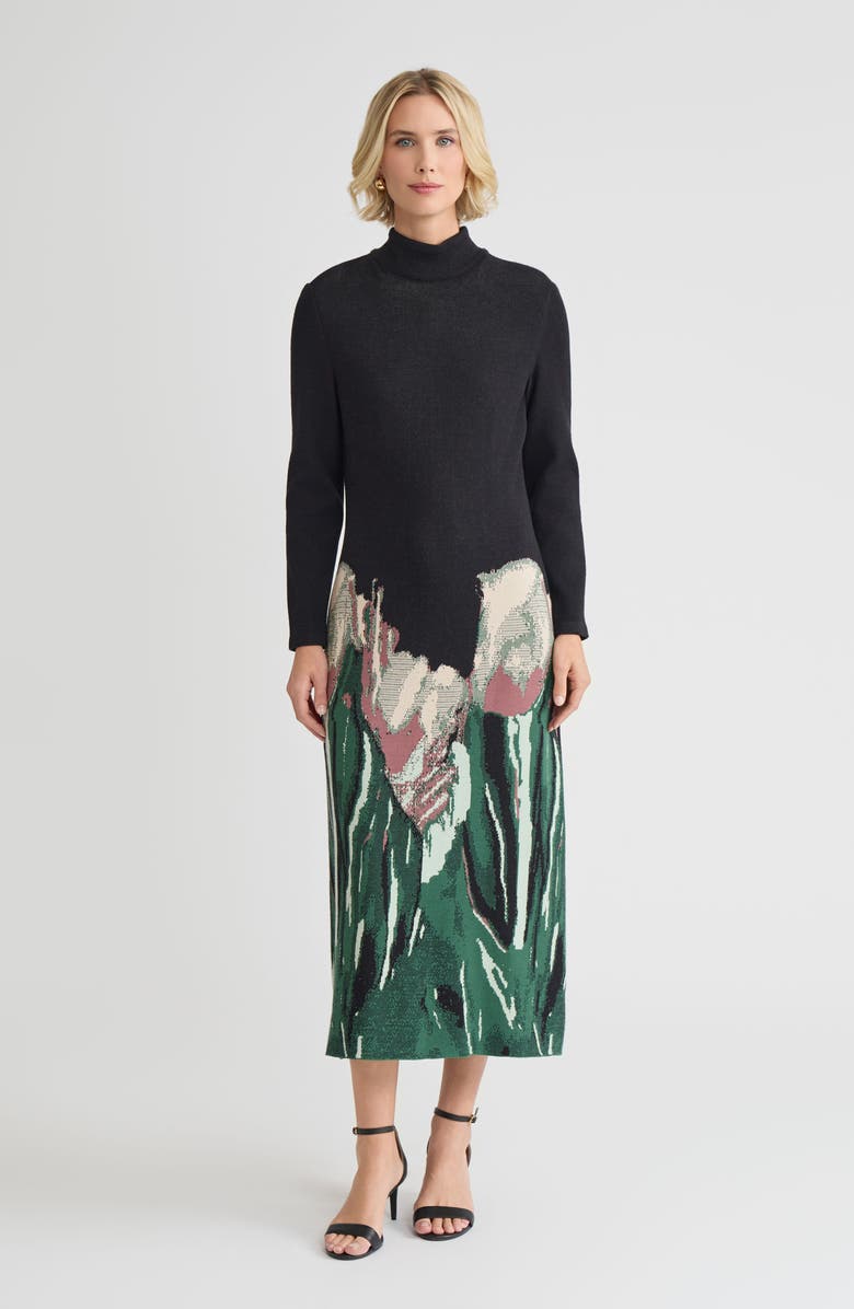 Misook Relaxed Floral Jacquard Knit Maxi Dress, Main, color, Dark Ivy/Black/Midnight Umber