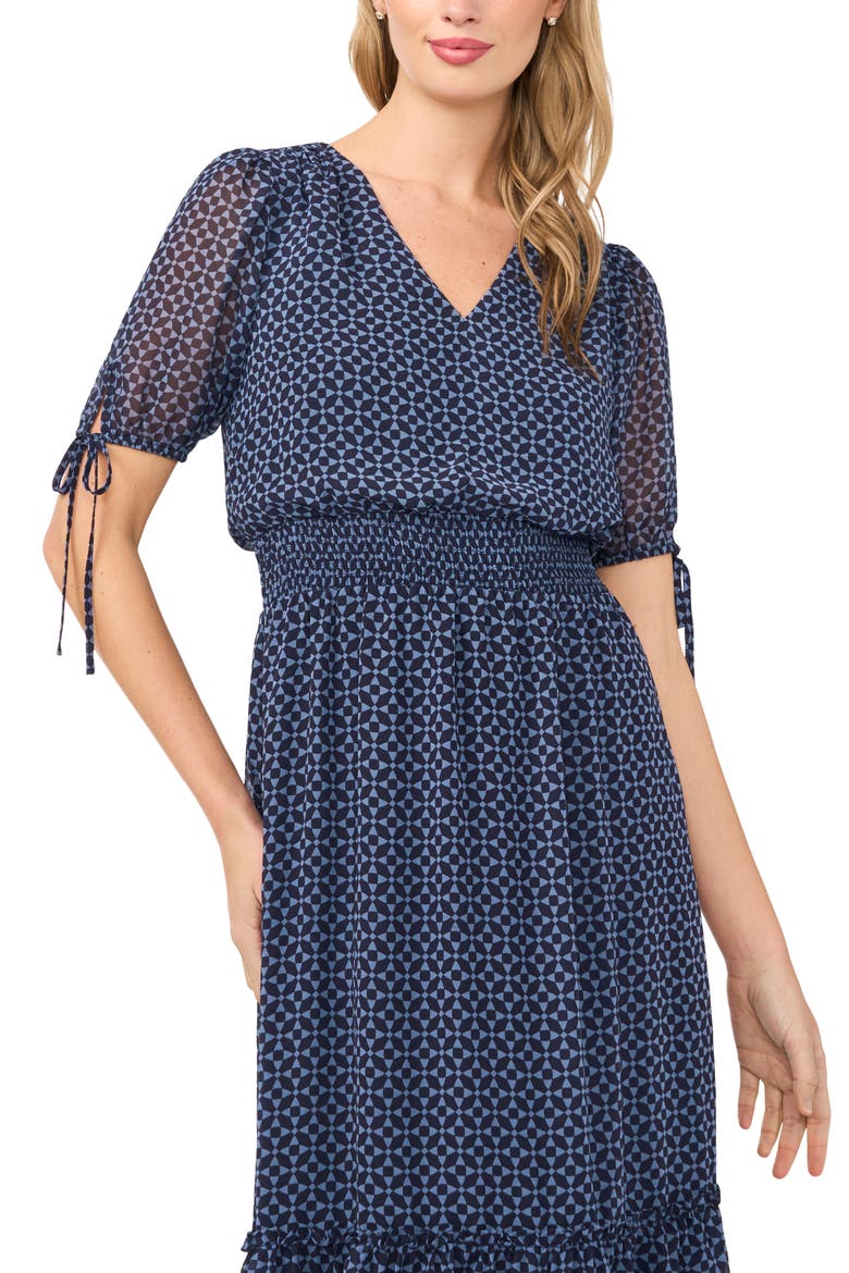 Geo Print Smock Waist Midi Dress, Alternate, color, NIGHT HORIZON