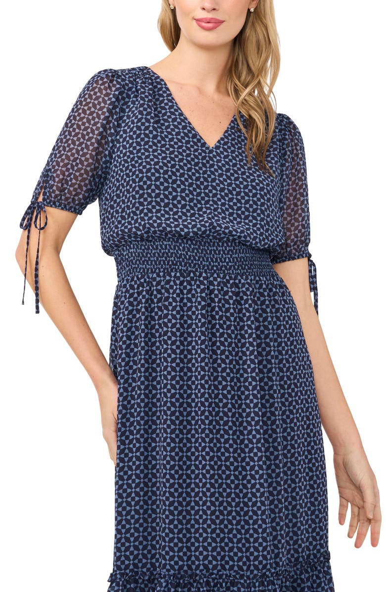 CeCe Geo Print Smock Waist Midi Dress, Alternate, color, Night Horizon