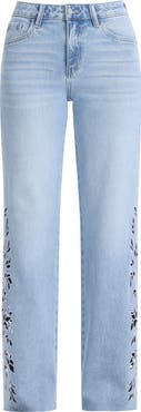 Bayeas Floral Raw Hem Straight Leg Jeans