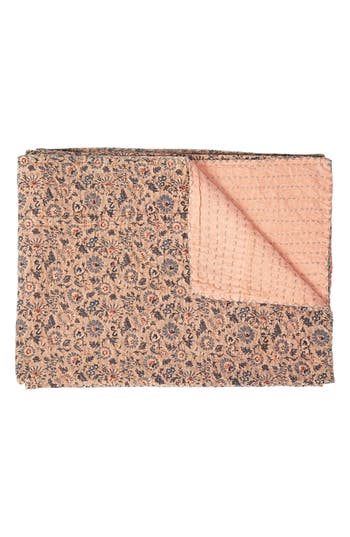 Taj Hotel Vintage Cotton Kantha Throw Blanket In Multi Peach Grey