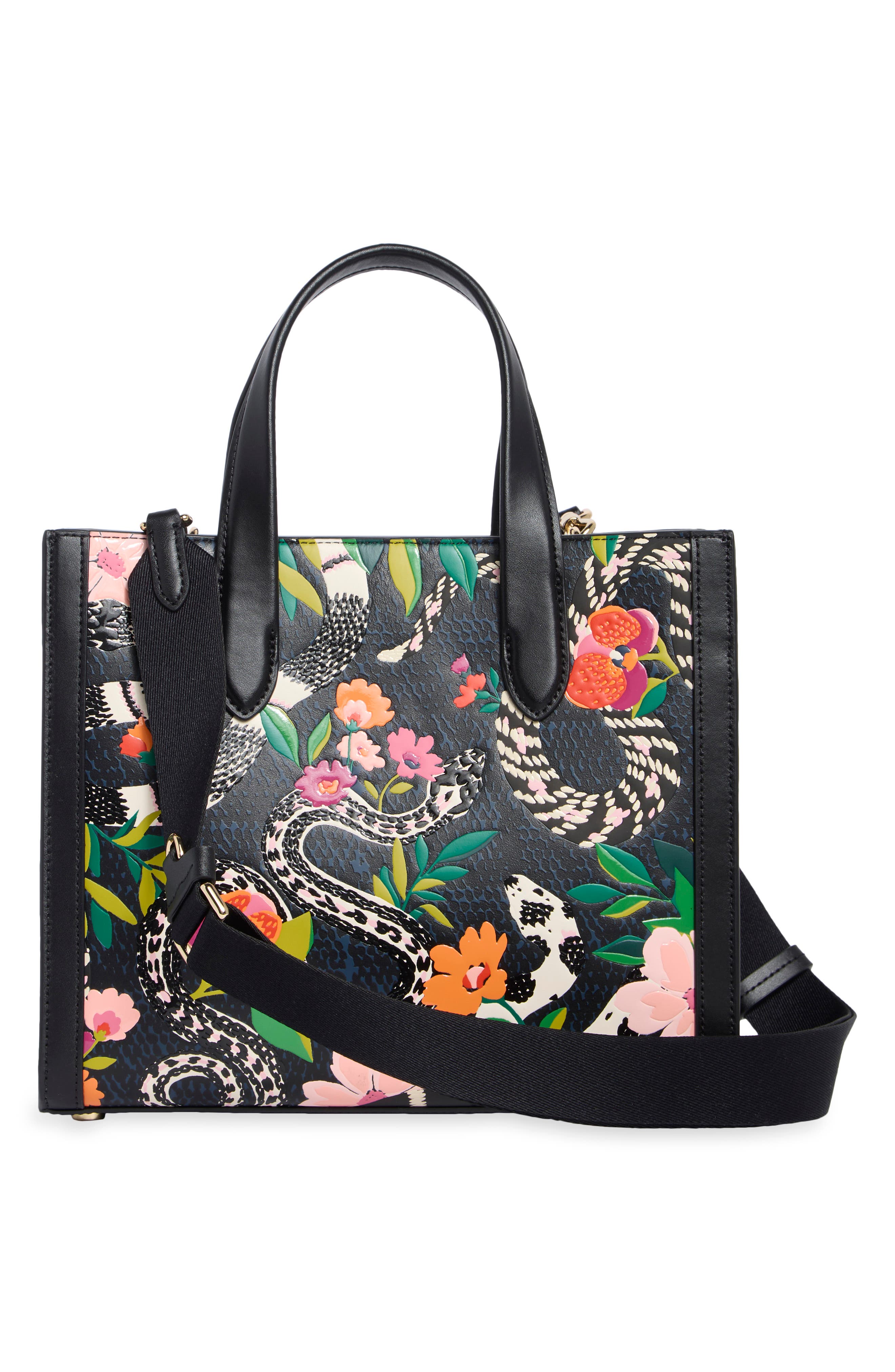 Manhattan Small Snake Print Embossed Leather Tote, Alternate, color, BLACK MULTI