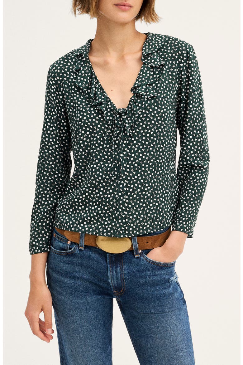 Ruffle V-Neck Long Sleeve Top, Main, color, DARK HOLLY