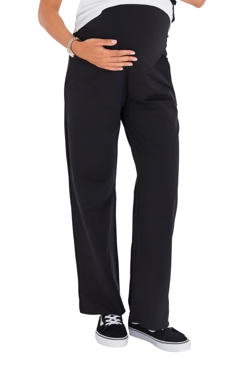 Foldover Waistband Stretch Cotton Maternity Pants, Main, color, BLACK
