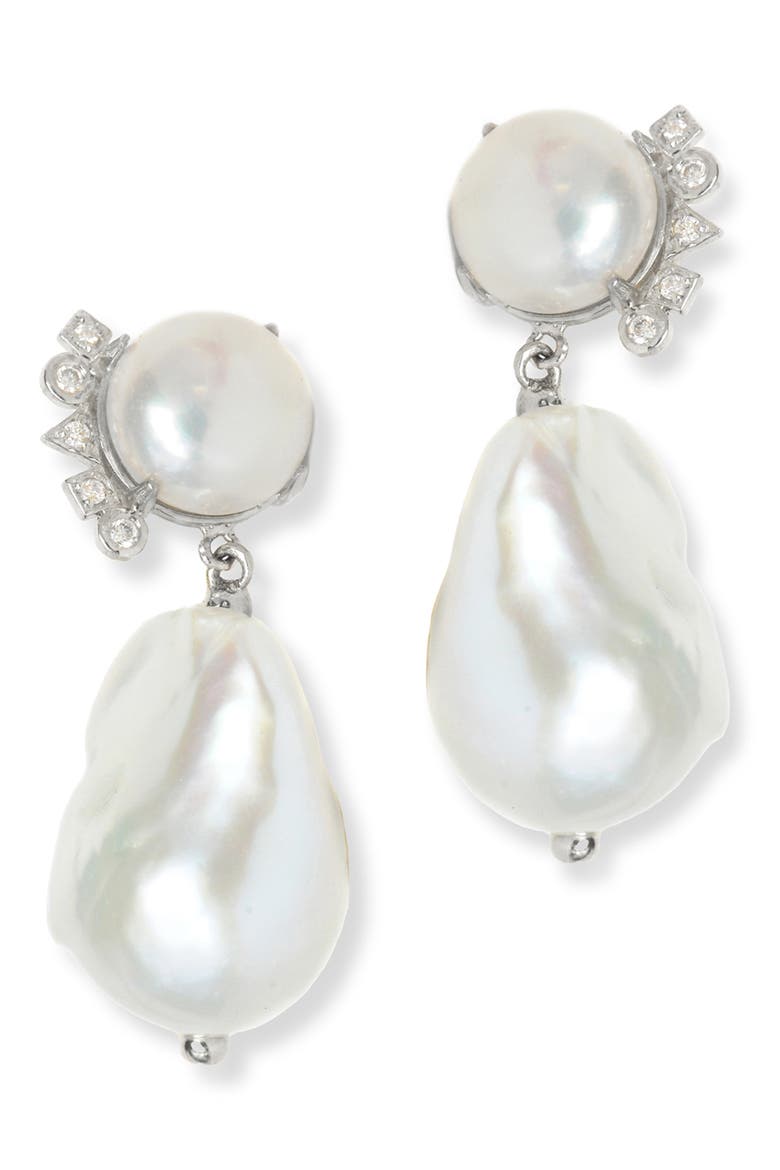 Cléo Baroque Pearl Drop Earrings, Main, color, SILVER