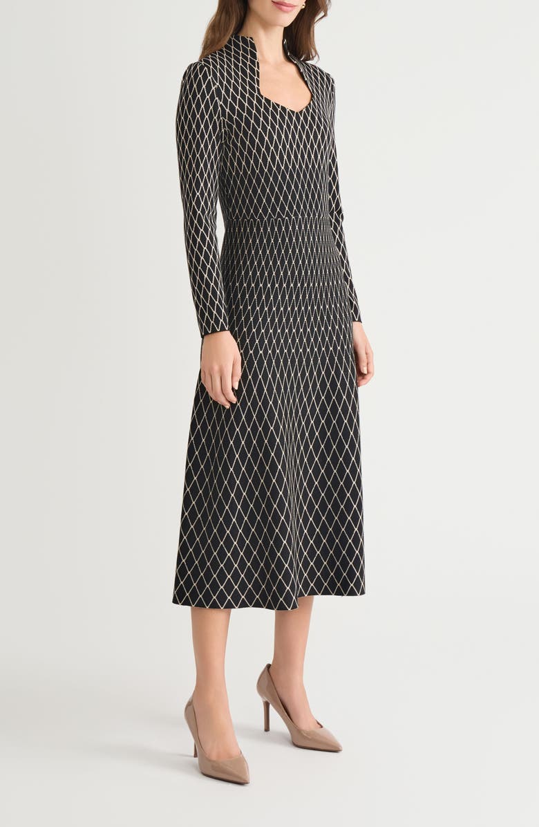 Ming Wang x Tanya Foster Long Sleeve Fit & Flare Midi Dress, Alternate, color, Black/ Twig