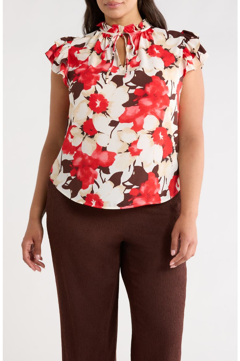 Ruffle Tie Neck Top, Main, color, WHITE DOVE MULTI