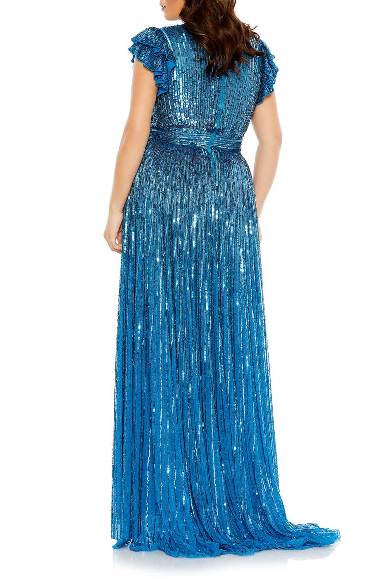 Sequin Ruffle Sleeve Faux Wrap Gown, Alternate, color, TEAL
