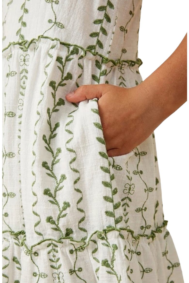 Kids' Embroidered Botanical Sleeveless Tiered Dress, Alternate, color, GREEN