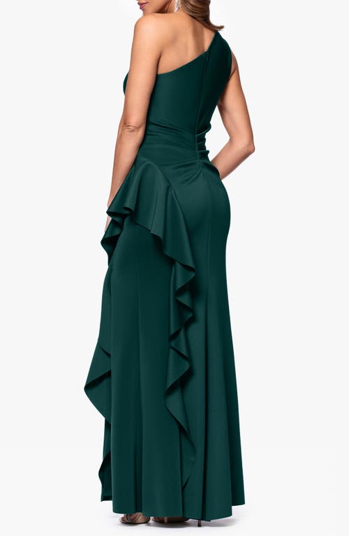Xscape Evenings One-shoulder Ruffle Scuba Crepe Gown In Green
