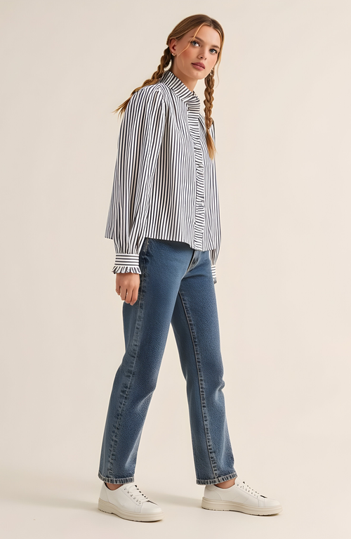 Modenaire Striped Puff Sleeve Blouse With Ruffled Trim And Covered Placket In Blue