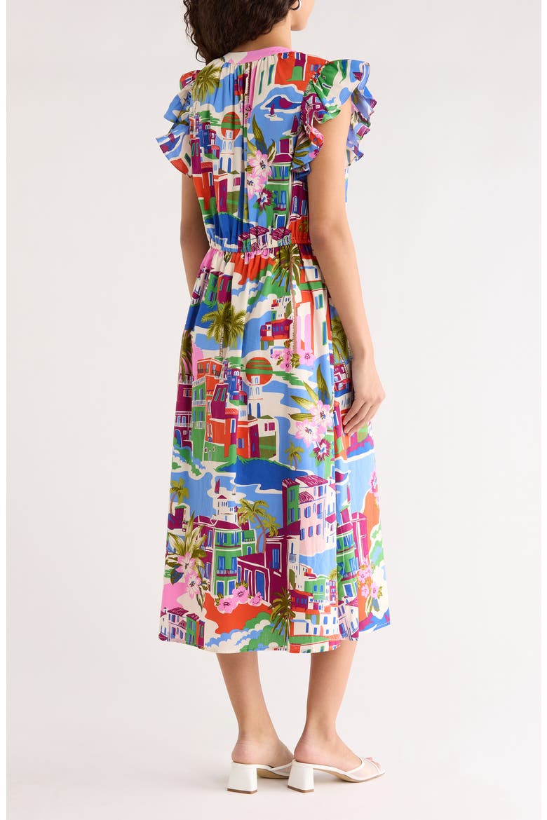 Rumi Town Tiarna Print Flutter Sleeve Tie Waist Midi Dress, Alternate, color, CREAM-BLUE-MULTI