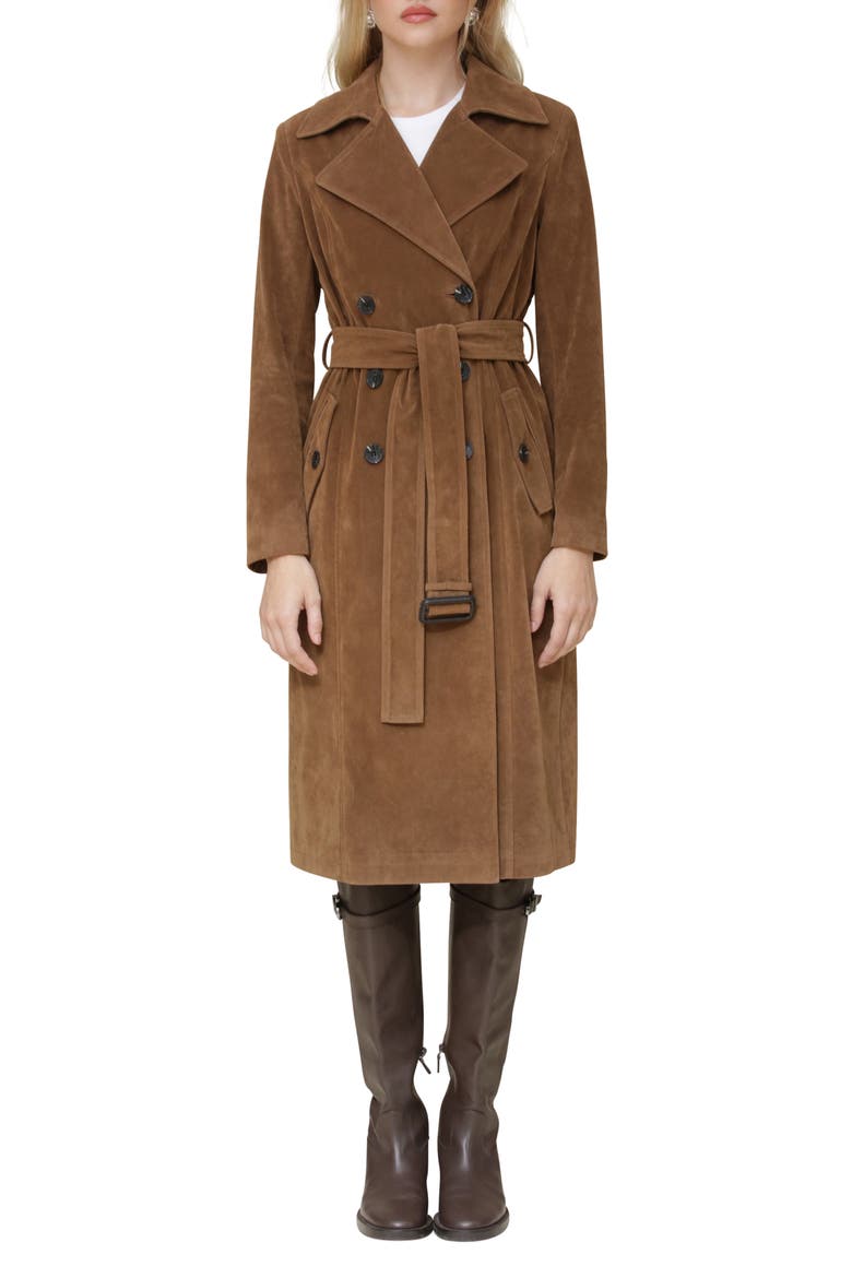 Faux Suede Double Breasted Belted Coat, Main, color, WOOD