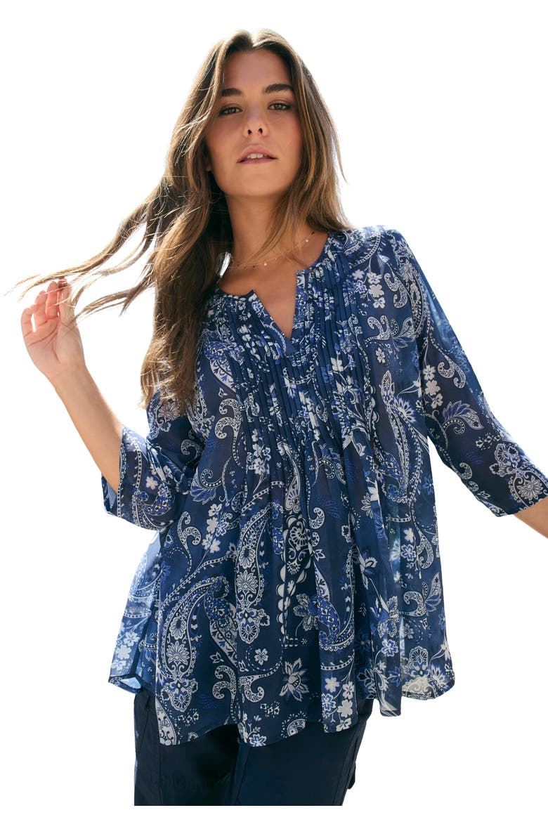 Plus Size Tara Pleated Shirt Adjustable 3/4 Sleeve Swing Tunic With Notch Collar, Main, color, NAVY MISTY PAISLEY
