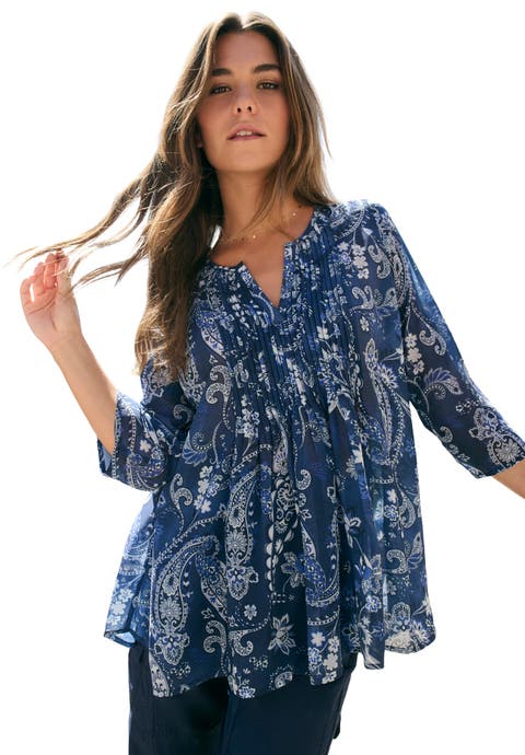 Plus Size Tara Pleated Shirt Adjustable 3/4 Sleeve Swing Tunic With Notch Collar
