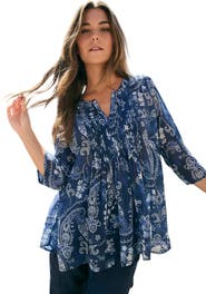 Roaman's Plus Size Tara Pleated Shirt Adjustable 3/4 Sleeve Swing Tunic With Notch Collar