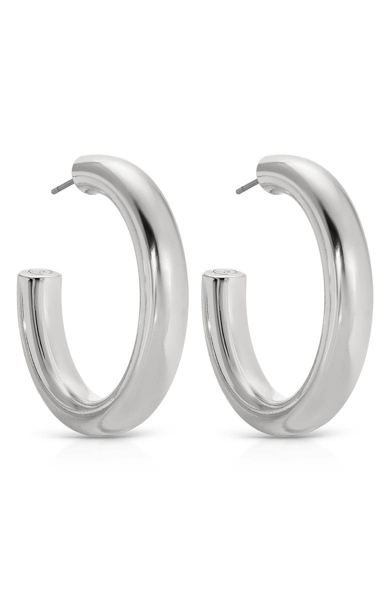 Ettika Medium Thick Classic Hoop Earrings, Alternate, color, Rhodium