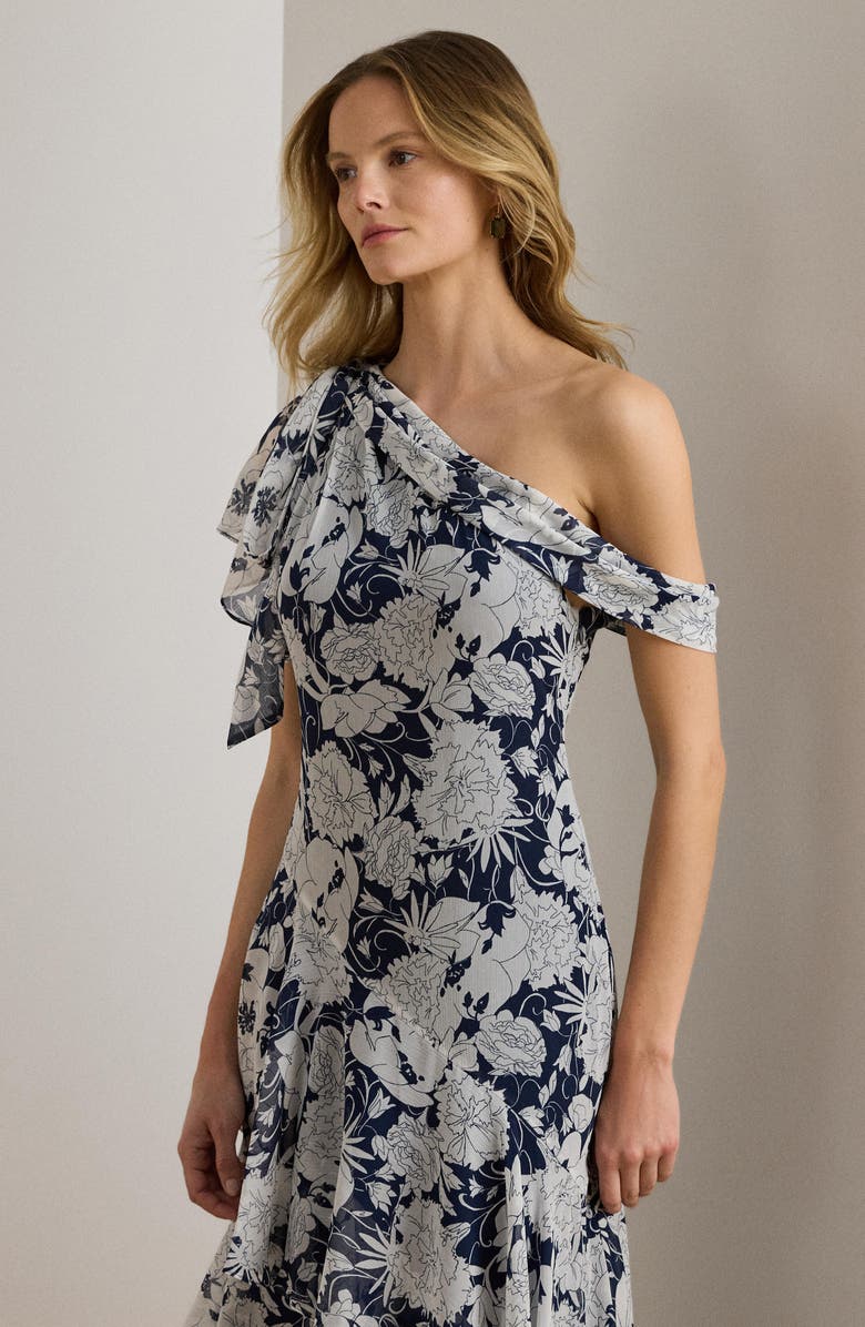 Lauren Ralph Lauren Kanerite Crinkle One-Shoulder Tiered Maxi Cocktail Dress, Alternate, color, White/ Navy