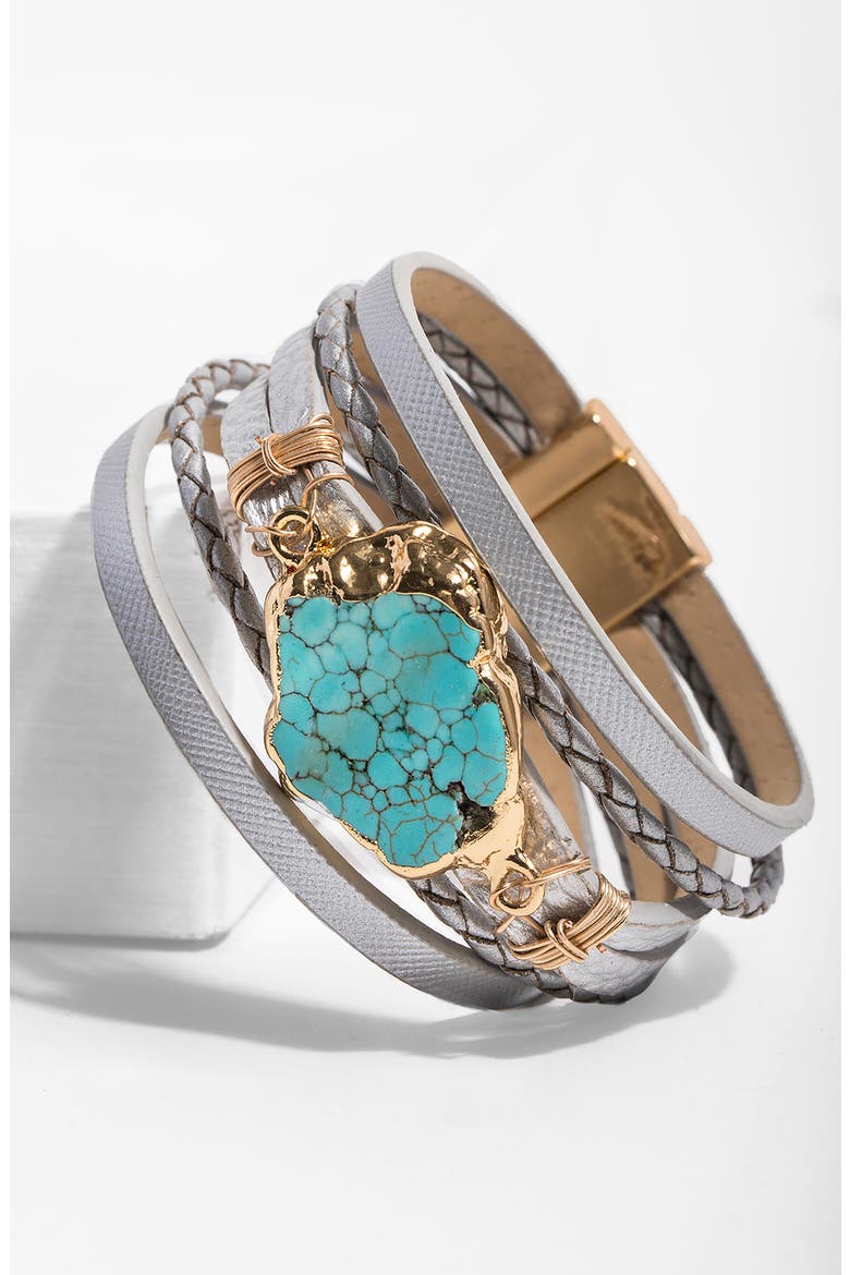 Turquoise Stone Faux Leather Braided Cuff Bracelet, Alternate, color, GREY