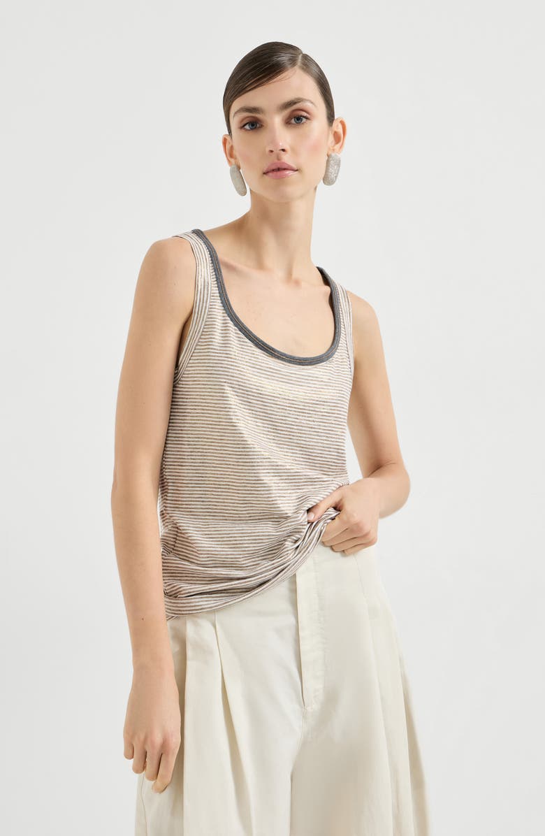 Brunello Cucinelli Striped jersey top with monili, Alternate, color, Brown