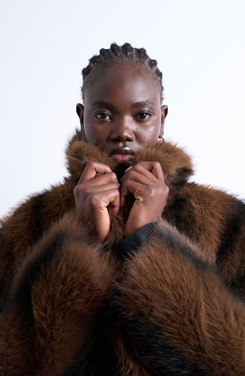 Topshop Stripe Faux Fur Jacket, Alternate, color, Brown