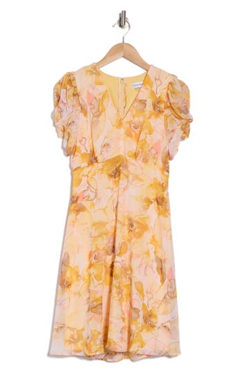 CALVIN KLEIN CALVIN KLEIN FLORAL PUFF SLEEVE A-LINE MINIDRESS 