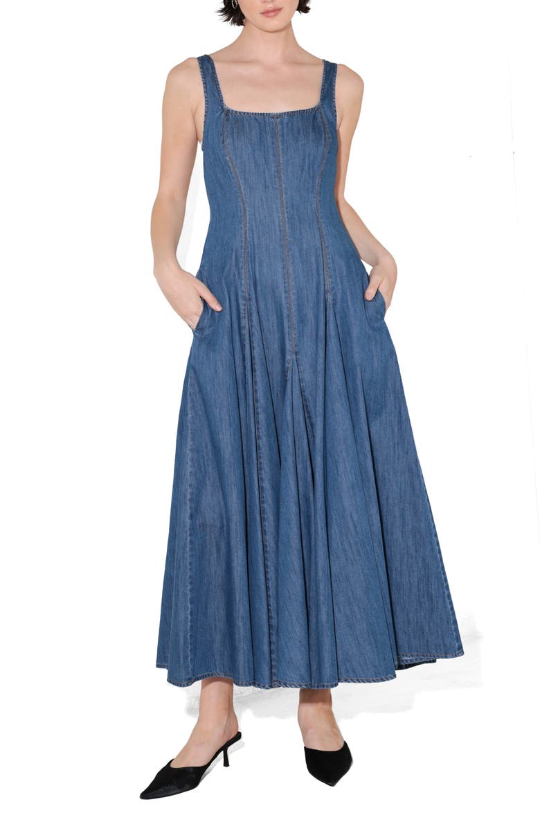 FREEMARKET Square Neck A-Line Denim Midi Dress, Main, color, Medium Indigo