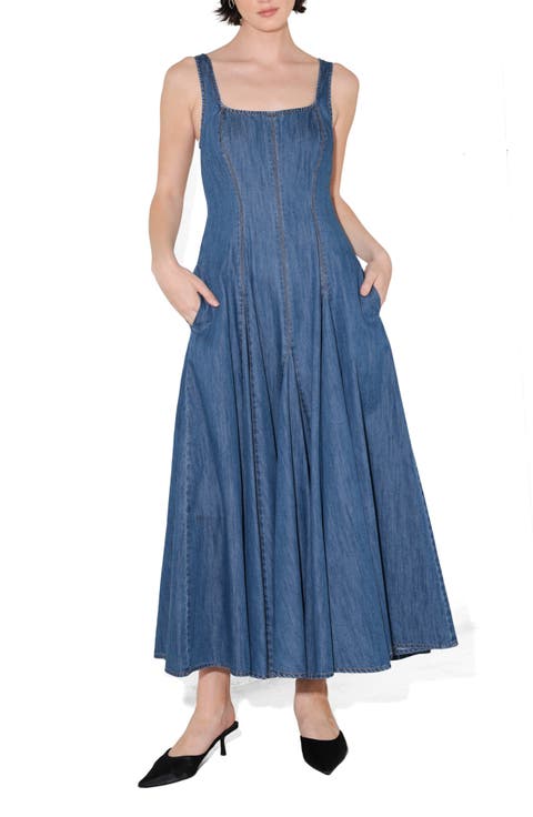 Square Neck A-Line Denim Midi Dress