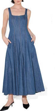 FREEMARKET Square Neck A-Line Denim Midi Dress