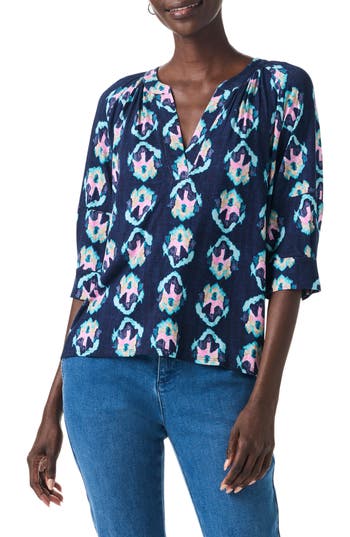 Nic + Zoe Nic+zoe Ocean Batik Elbow Sleeve Top In Indigo Multi